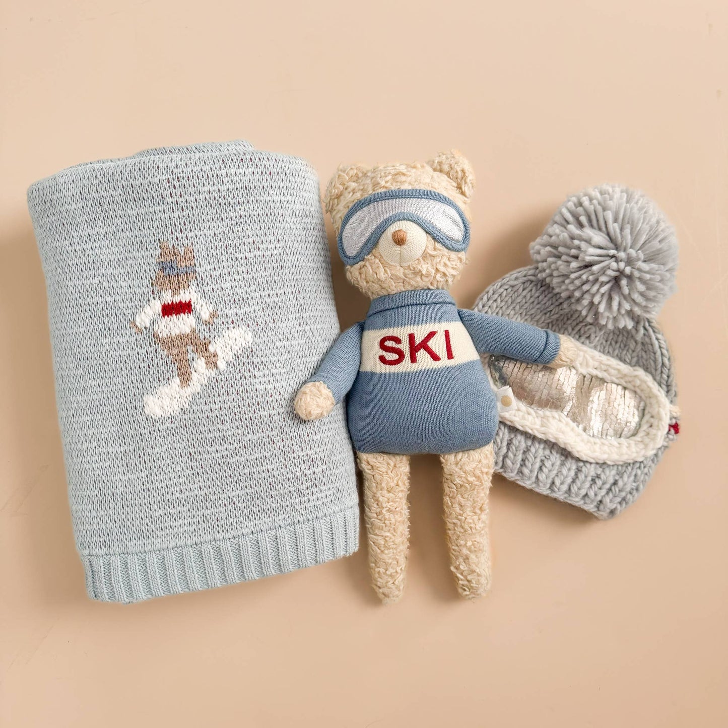 Ski Goggles Pom Pom Beanie Hat, Bowie Grey