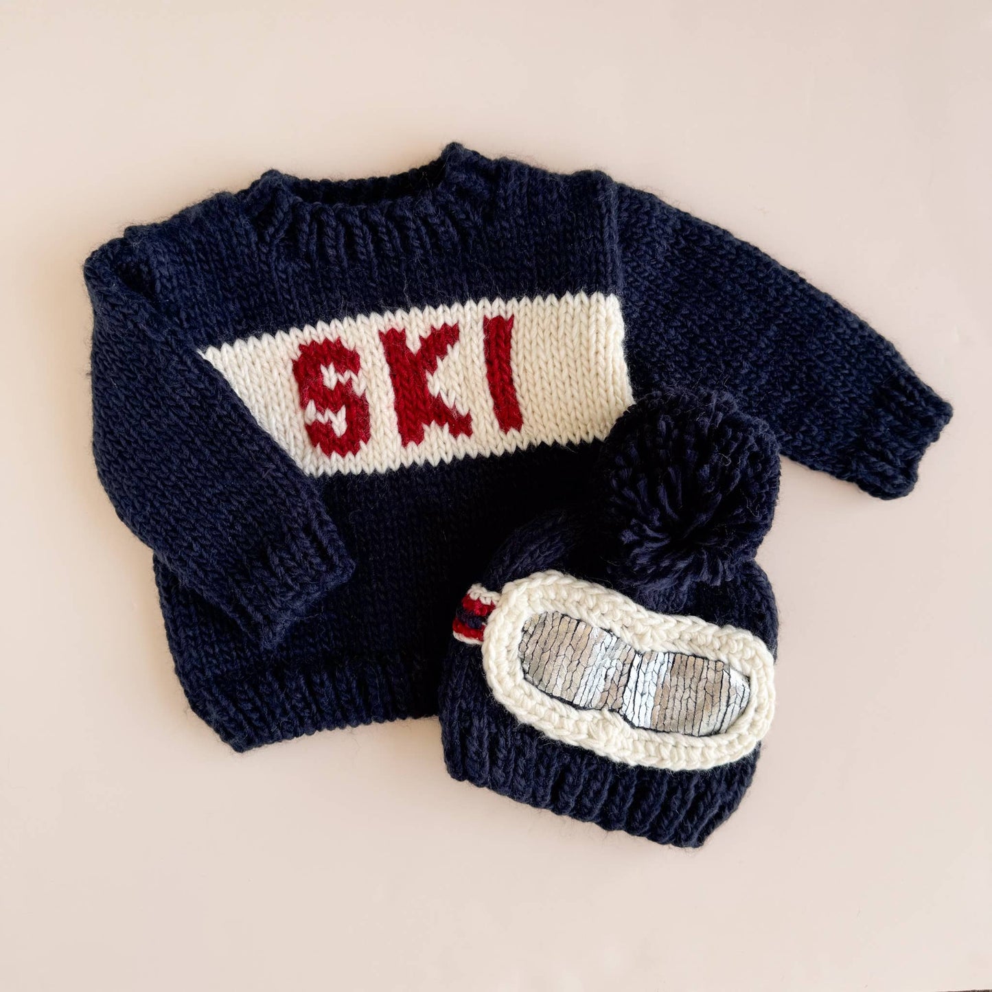 Ski Goggles Pom Pom Beanie Hat, Navy