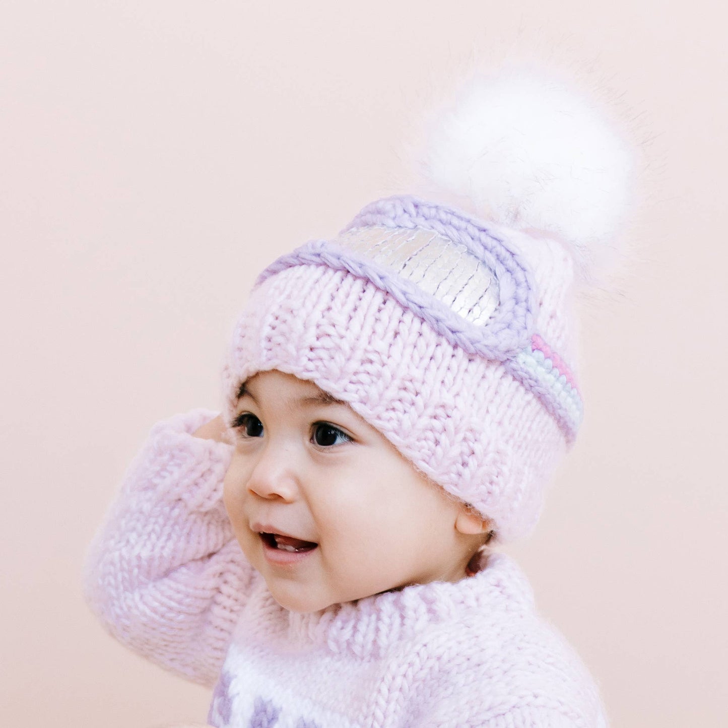 Ski Goggles Pom Pom Beanie Hat, Baby Pink