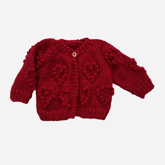 Hand Knitted Popcorn Heart Cardigan, Red