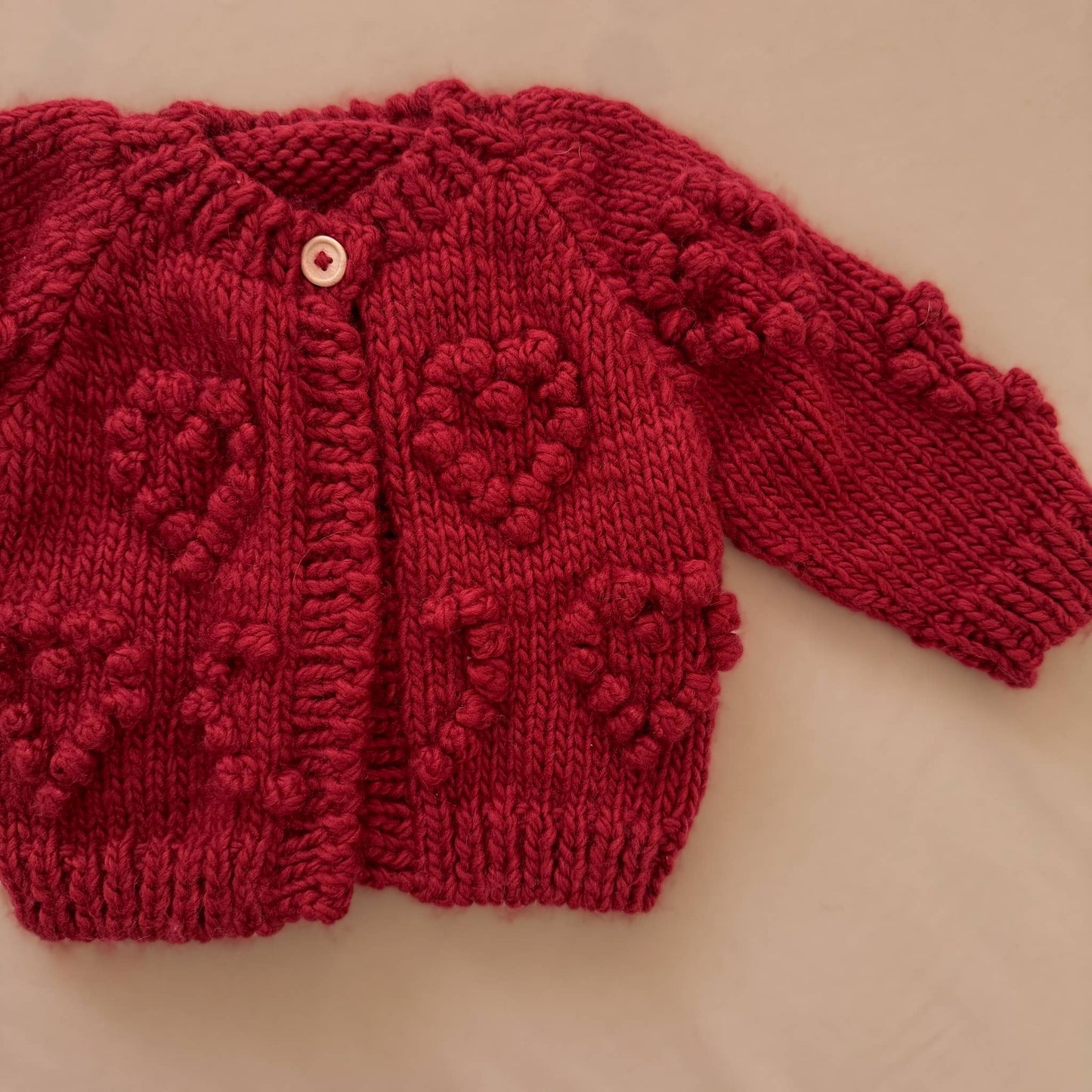 Hand Knitted Popcorn Heart Cardigan, Red